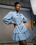 Sky Blue Bow-Tie Ruffle Mini Dress