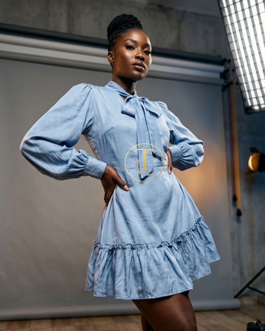 Sky Blue Bow-Tie Ruffle Mini Dress