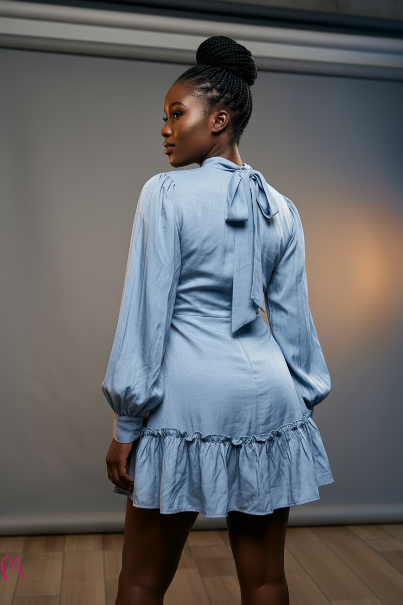 Sky Blue Bow-Tie Ruffle Mini Dress - back view