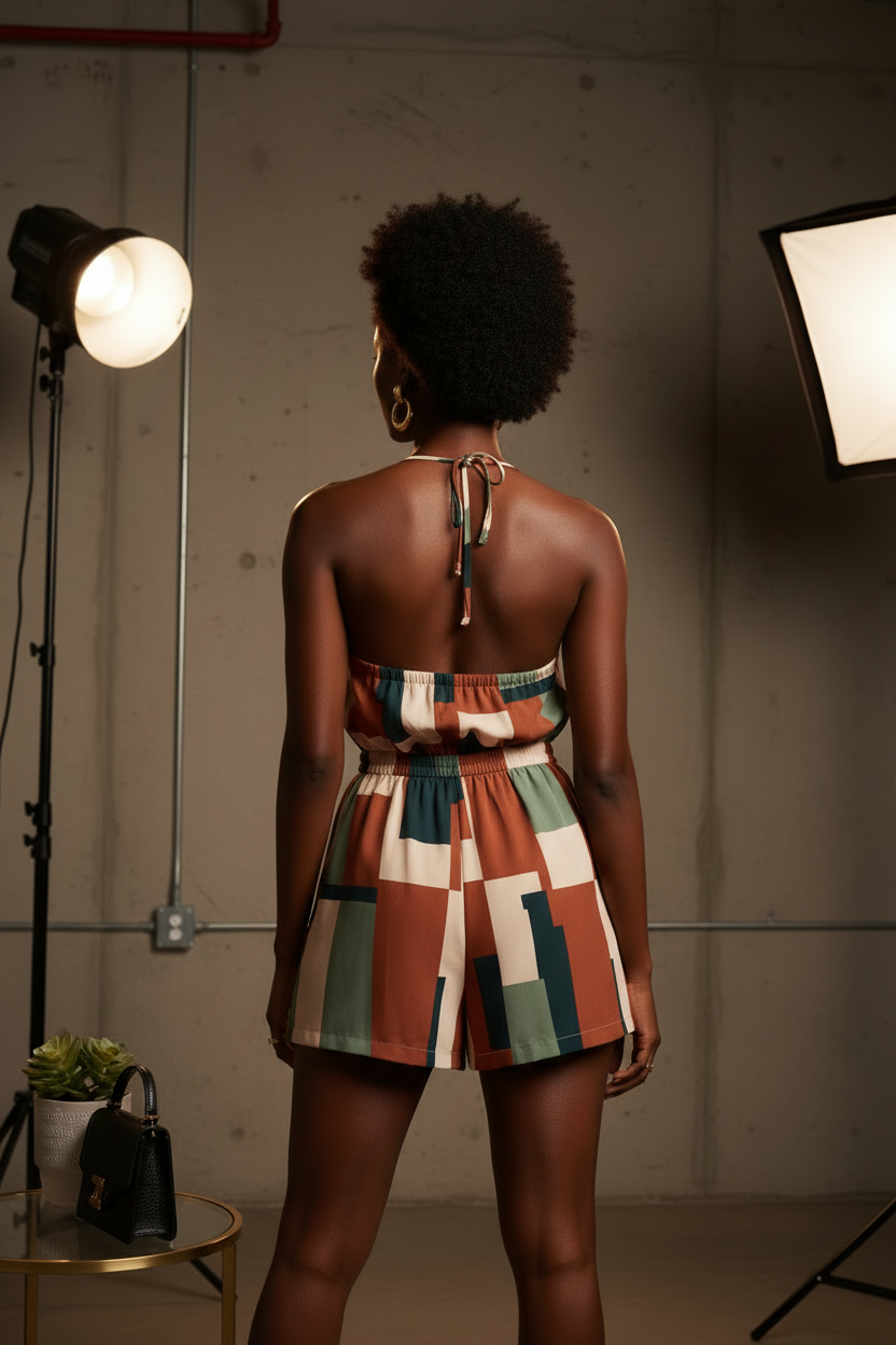Abstract Geo Halter Romper - back view