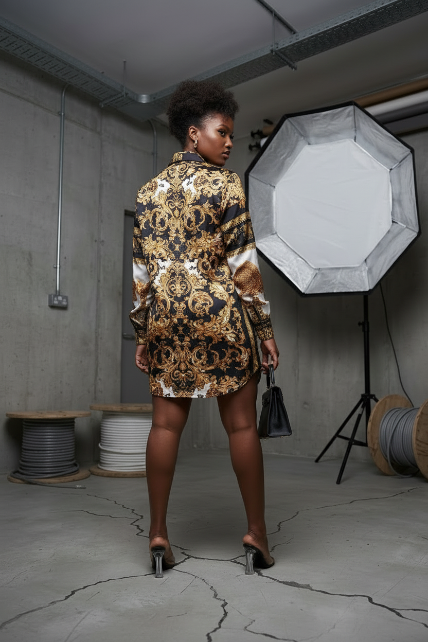 Safari Baroque Mini Shirt Dress - back view